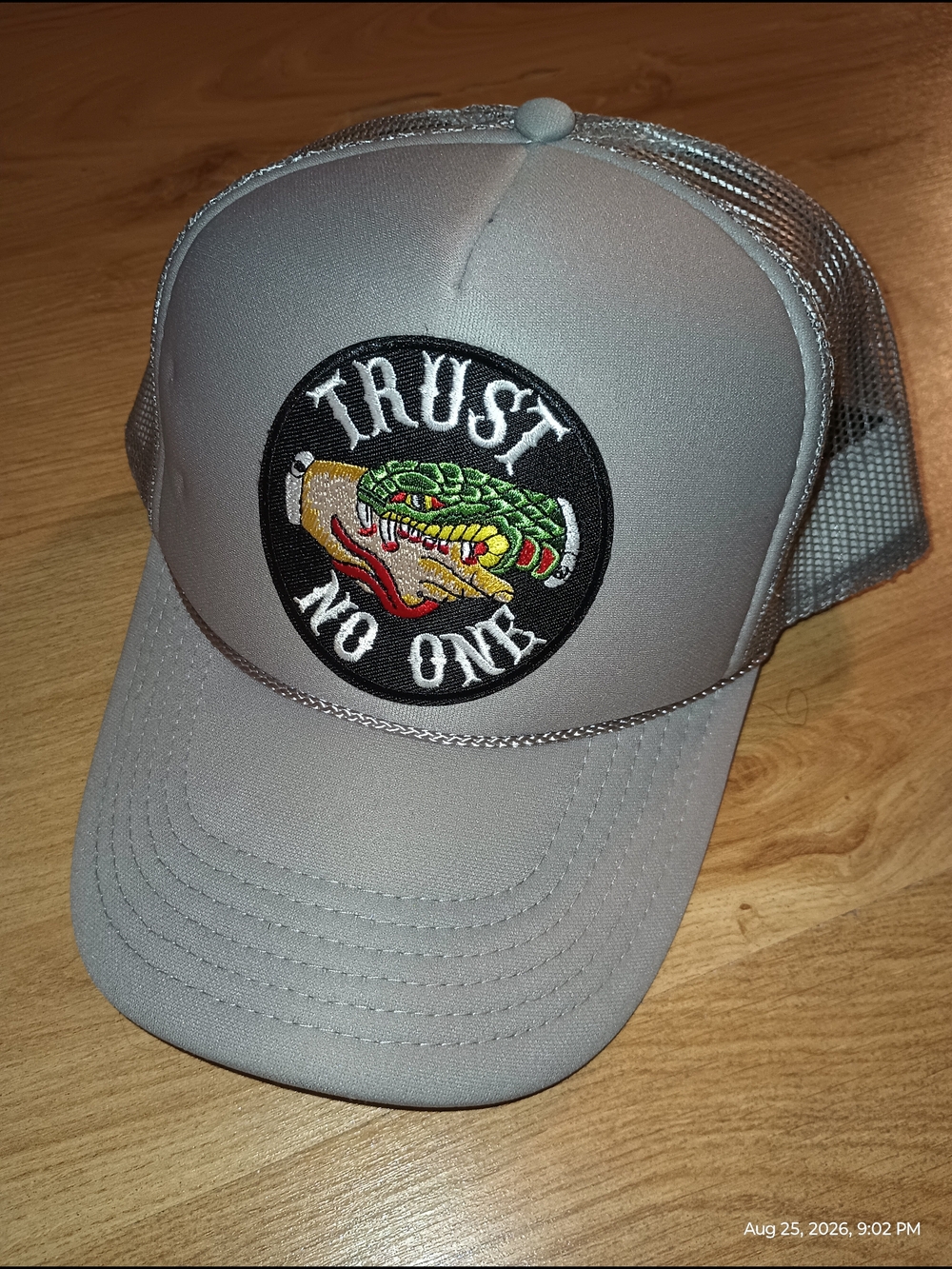 OTTO Gray Trucker Cap with Snake 'Trust No One' Patch